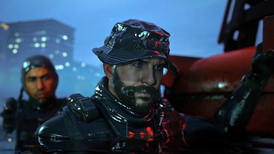 : captain price in the waters of Amsterdam at night time, with his fishing hat on, and Gaz to his right behind him