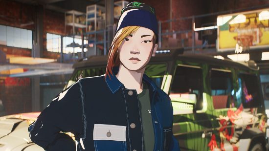 Need for Speed Unbound cars: A cel-shaded woman with a black cap standing in front of a 4x4