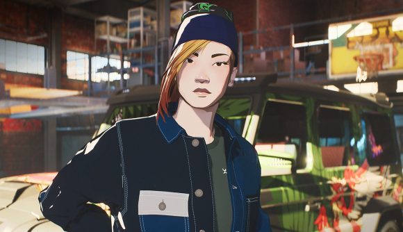 Need for Speed Unbound cars: A cel-shaded woman with a black cap standing in front of a 4x4