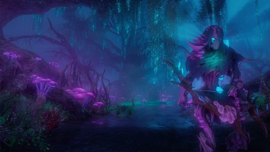New World: A purple armored figure stands in a glowing blue and purple forest