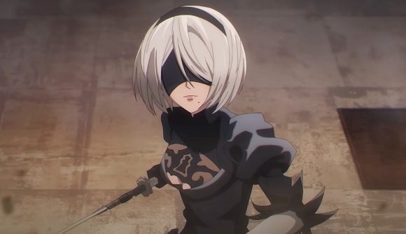 Nier Automata anime release date is very, very soon: An anime woman with white hair in a bob wearing a black blindfold and a dress stands with a katana in her left hand at the ready