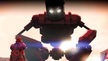 No Man's Sky base-building app - a recreation of the Iron Giant, crouched and looking down at a player in a cape