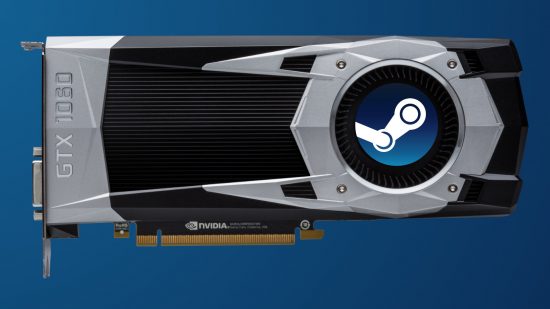 An Nvidia GeForce GTX 1060 Founders Edition, with a Steam logo atop its fan, against a two-tone blue background