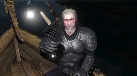 Geralt, protagonist of The Witcher 3, sits on a boat as he watches a light fly from the bottle in his hand