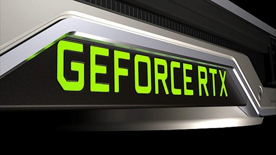 A GeForce RTX logo illuminated in green on an Nvidia GPU