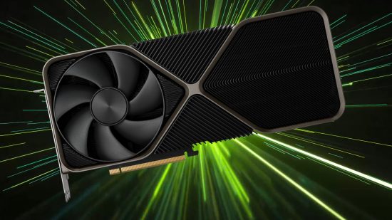 An Nvidia GeForce RTX 4000 Founders Edition, presumably what the RTX 4070 will look like, against a green background