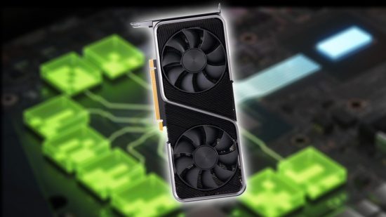 Nvidia RTX 4070: GeForce graphics card with blurred GeForce GPU promotional backdrop