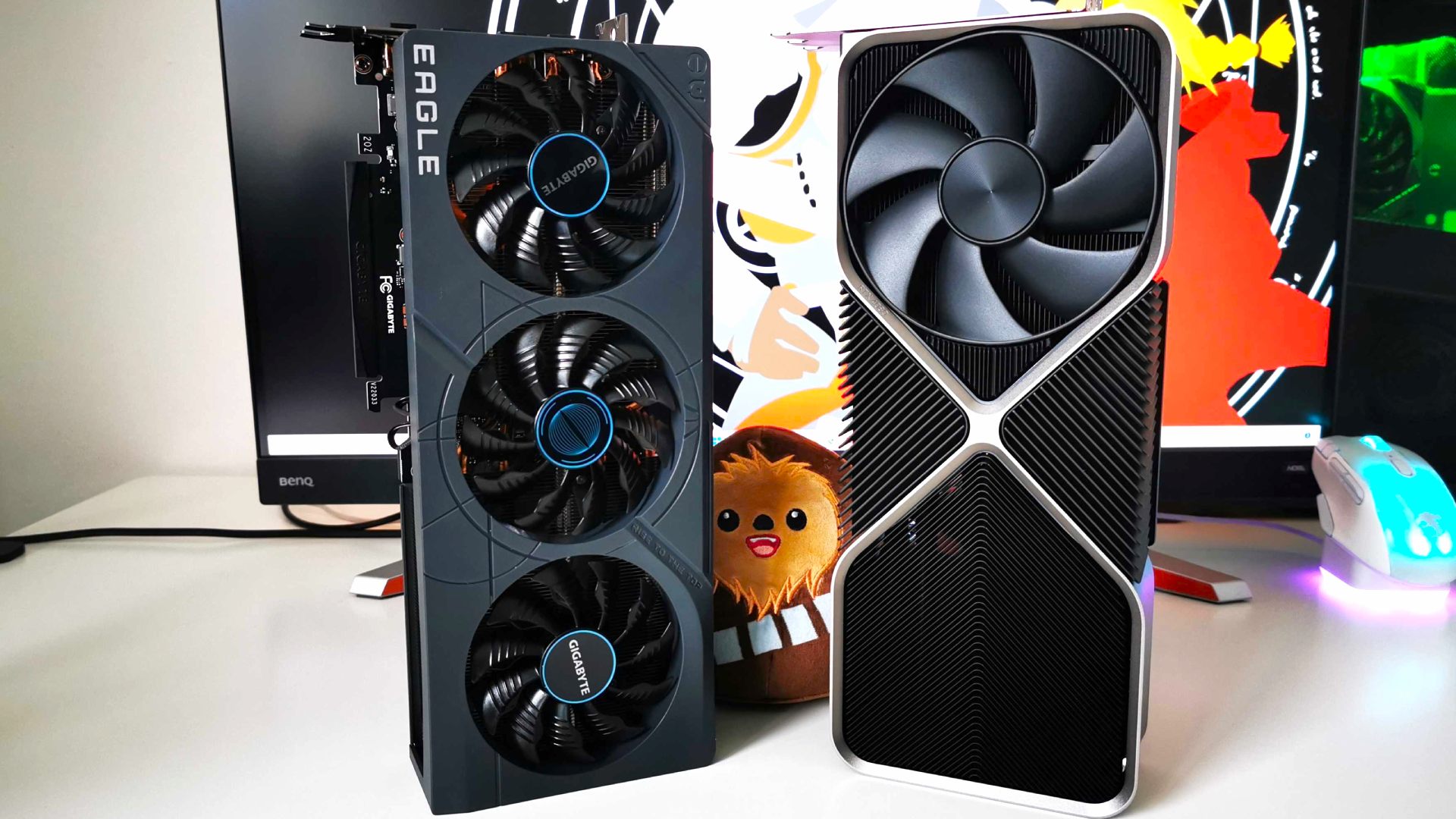 Nvidia RTX 4070 Ti review: graphics card next to RTX 4080 with plush Wookiee in the middle