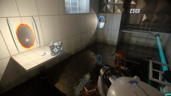 Portal RTX, in which the player is overlooking a pool of reflective water, with an orange (left) and blue (right) portal above it