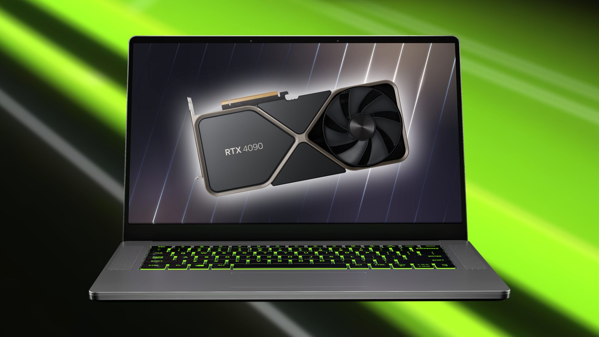 Nvidia RTX 4070 : image d'un ordinateur portable de jeu vert et d'une carte graphique à l'écran