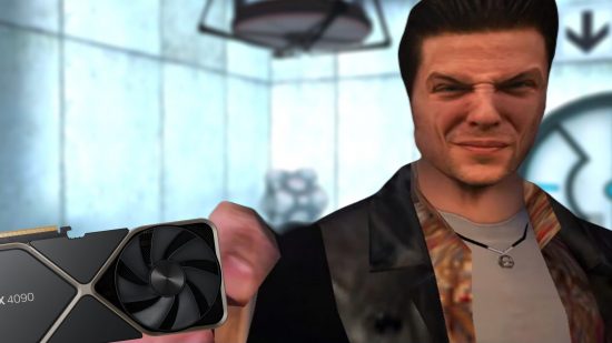 Nvidia RTX Remix brings ray tracing to Max Payne and SWAT 4: the background is one of the test rooms from portal, with max payne squinting in the foreground holding an RTX 4090 like a gun