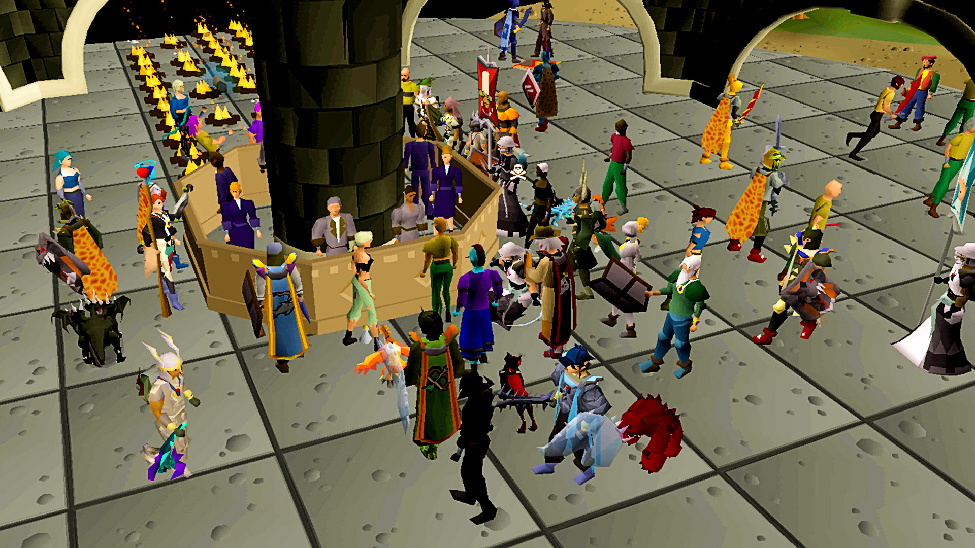 Old School Runescape - a town centre filled with characters in various outfits