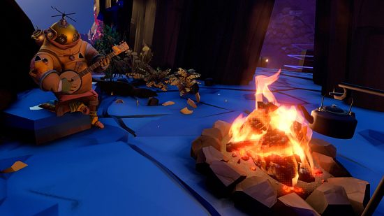 Outer Wilds - Riebeck, an astronaut in a rudimentary space suit, plays the banjo by a roaring fire