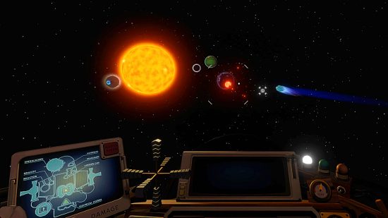 Outer Wilds - view from the cockpit of a space ship looking out at the sun and several planets orbiting it