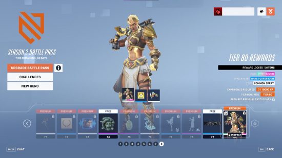 Overwatch 2 monetisation: A screenshot of the Overwatch 2 season 2 battle pass from tier 71 to 80, featuring the eight high-value premium rewards and two low-value free rewards on offer.