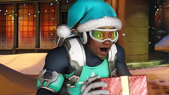 Overwatch 2 monetisation: Lucio, one of the support heroes of Overwatch 2, dressed in a festive Winter Wonderland seasonal event skin while looking shocked as he opens a Christmas present.