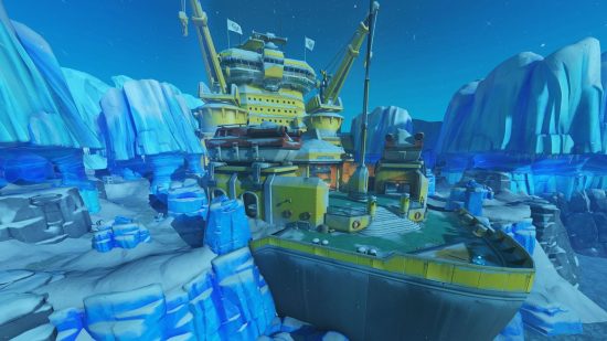 Overwatch 2 maps: Antarctic Peninsula control map overview in the free PC game, featuring an icebreaker ship.