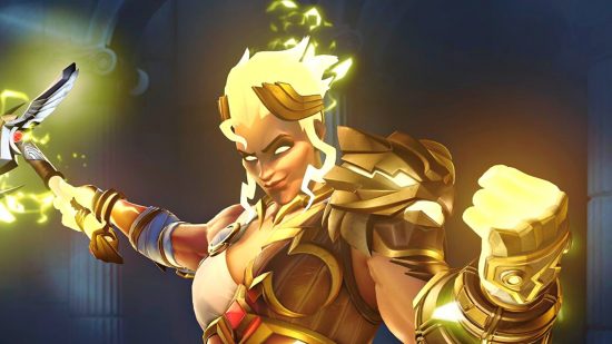 Overwatch 2 map built on Blizzard Twitch stream may be playable: Junker Queen in a Zeus inspired white robe, with yellow hands and hair with electricity coming off of her