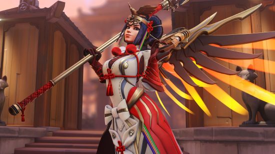 Overwatch 2 Microsoft Rewards give more coins than actually playing: A woman with black hair in a traditional Asian-style armour with huge mechanical wings stands on a Japanese temple background