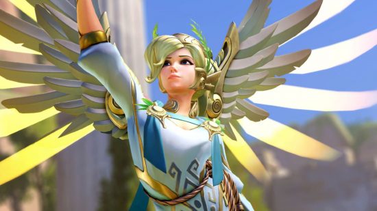 Overwatch 2 Season 2: The Winged Victory Mercy legendary skin up for grabs during the Battle for Olympus event, characterised by her laurel wreath and toga.