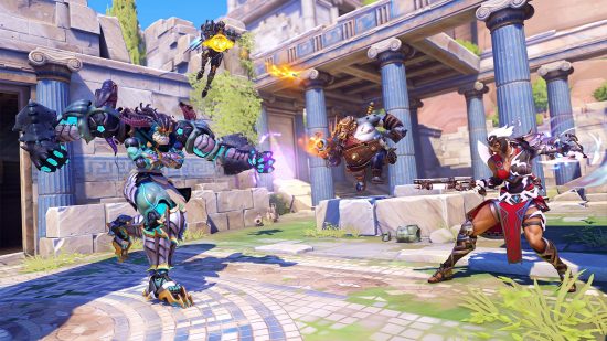 Overwatch 2 Season 2: The Battle for Olympus deathmatch mode featuring Pharah, Roadhog, Ramattra, and Junnker Queen duking it out on Ilios as their divine counterparts. 