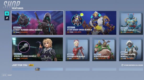 Overwatch 2 monetisation: A screenshot of the Overwatch 2 shop, featuring the skin bundles with enticing offers.