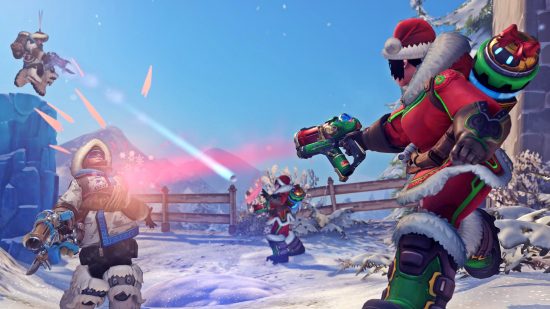 Four versions of Mei lob snowballs at each other during Mei's Snowball Offensive arcade mode, the flagship game mode for the Overwatch 2 Winter Wonderland event.
