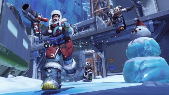 Overwatch 2 Winter Wonderland: Mei, wearing a red jacket lined with white fur, runs past an icy snowman as she flees two other pursuing Meis