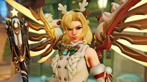Jingle Belle Mercy, one of the most sought after Overwatch 2 Winter Wonderland skins, which comprises a rudolph ears headband, a festive bowtie, and a star on the end of Mercy's Caduceus Staff.