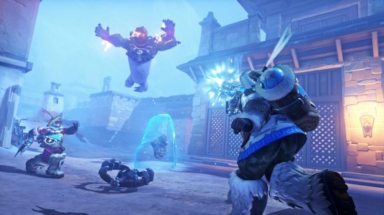 A Yeti Winston ambushes a group during the Yeti Hunt, an exclusive game mode in the Overwatch 2 Winter Wonderland event.