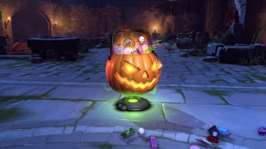 Inkomsten genereren met Overwatch 2: een lootbox met een thema voor het seizoensevent Halloween Terror in Overwatch, vertegenwoordigd door een gloeiende pompoen gevuld met lekkernijen.