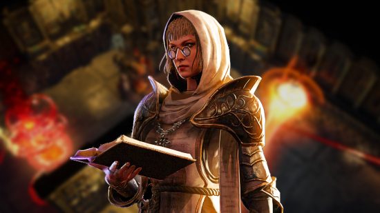 Path of Exile 3.20 'The Forbidden Sanctum' - a firgure with a hood and circular reading glasses holds open a book, against the background of combat taking place in an ancient dungeon