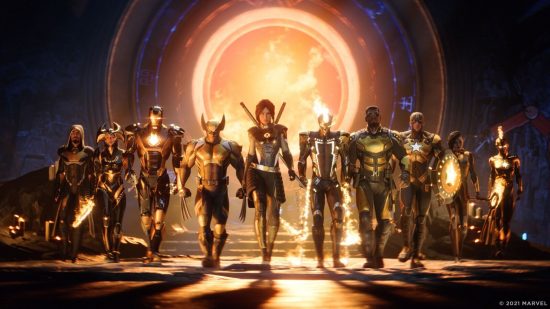 PC Games news 2022: A group of superheroes in black and gold armour walk towards the camera with a huge burning forge behind them