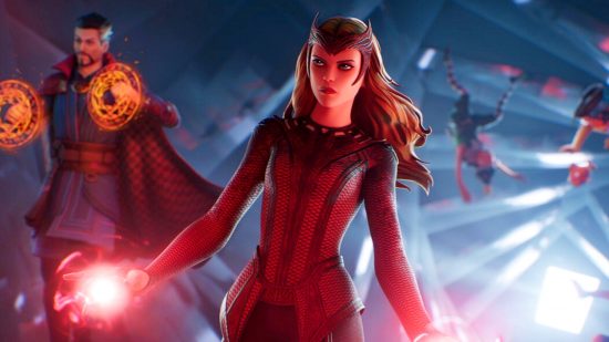 Dat is wat ik pc-gamesnieuws 2022 noem: een rode superheldenvrouw in een rode outfit die rode energie uit haar handen straalt, kijkt in de verte terwijl een man in een cape achter haar staat