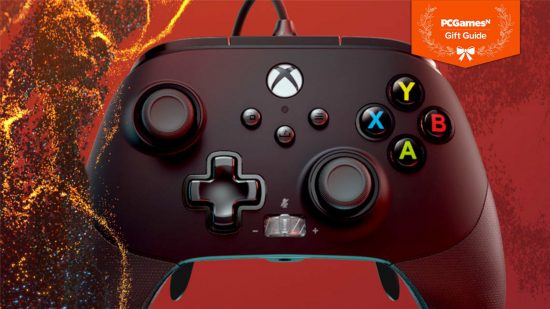 An Xbox controller sits behind the PCGamesN Gift Guide banner