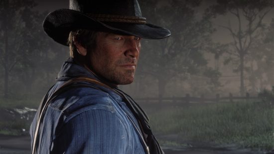 Games like Red Dead 2 struggle to tell stories – Die Hard proves why. A cowboy, Arthur Morgan, in a blue shirt and Stetson