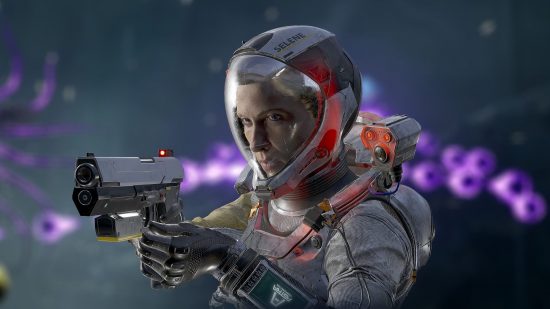 Returnal system requirements: Selene pointing gun towards left of camera