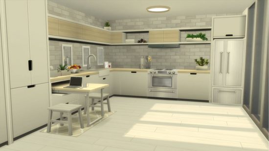 Sims 4 CC: Eine Küche, die zum minimalistischen Look des Wohnzimmers passt, einschließlich eines ausziehbaren Frühstückstisches, der an einer der Kücheneinheiten befestigt ist.
