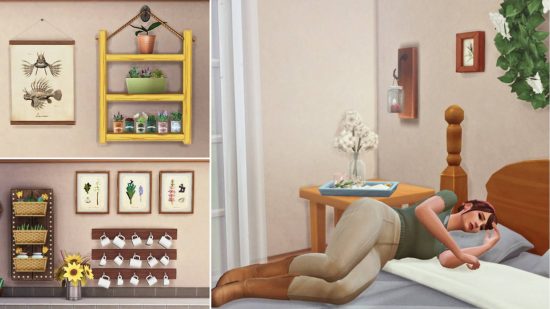 Sims 4 CC: Benutzerdefinierte Inhalte, darunter Bilderrahmen, ein Frühstückstablett, ein schwebendes Tassenregal und Blumenkästen.