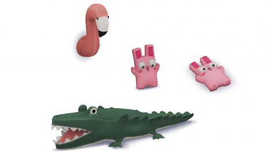 Sims 4 CC: Eine Reihe neuer Kinderspielzeuge für junge Sims, darunter ein ausgestopfter Flamingo, ein Alligator aus Filz und ein rosa Hasen-Plüschtier.
