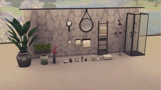 Sims 4 CC-Pakete: Benutzerdefinierte Inhalte für eine Küche, darunter Handtuchhalter in verschiedenen Größen, Spiegel und verschiedene Toilettenartikel.