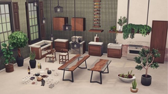 Sims 4 CC: Eine Reihe thematisch angepasster Küchenartikel für ein Haus, darunter Weingläser, Theken, Einheiten und Pflanzen.