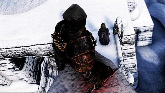Skyrim stealth mod - a figure in a cloak and hood holds a glowing dagger as they stand above another person