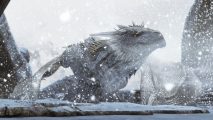 House of the Dragon Skyrim mod: A lizard-like dragon seen perched on a mountain during a heavy snowfall, its yellow eye looking straight at the camera