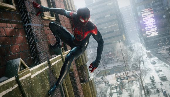 Spider-man Miles Morales patch: Miles Morales wearing the Spider-man costume, hanging on a wall over a snow-covered New York City street