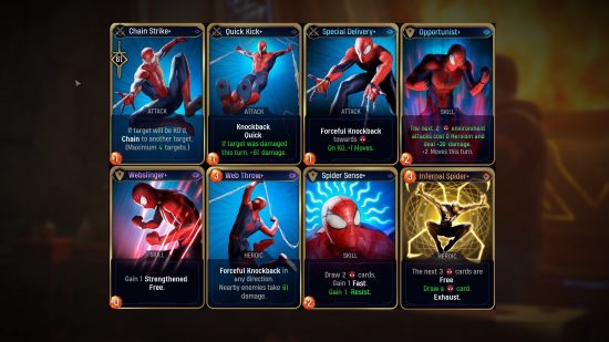Best Midnight Suns Spider-Man build: a deck of cards showing all of Spider-Man's abilities