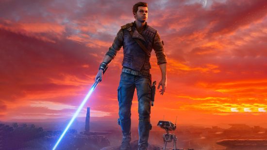 Cal Kestis standing on a desert planet holding his blue lightsaber next to his personal droid