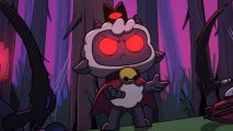 Steam slashes Cult of the Lamb price ahead of new update: A small cartoon lamb with red eyes and a black cape raises its paws in a purple dark forest