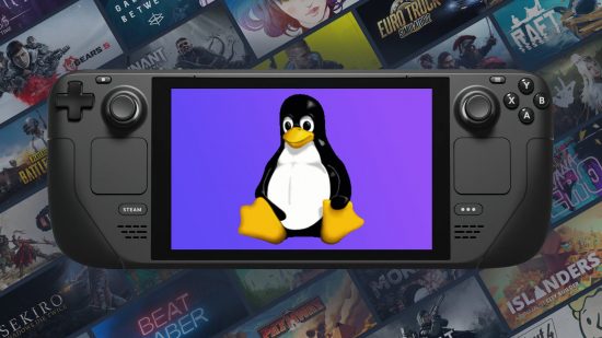 Steam Deck with Valve game backdop and Linux penguin on screen