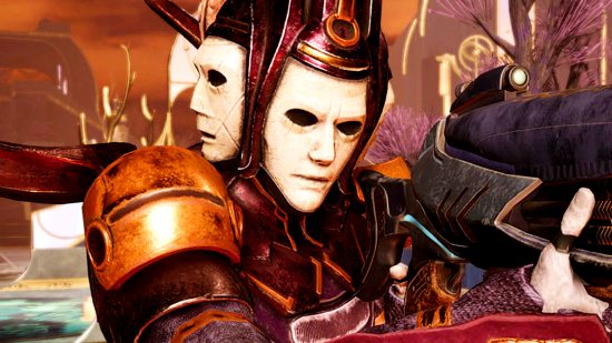 Steam sale 'Turn-Based Fest' - a figure in armour with multiple face masks aims an alien weapon